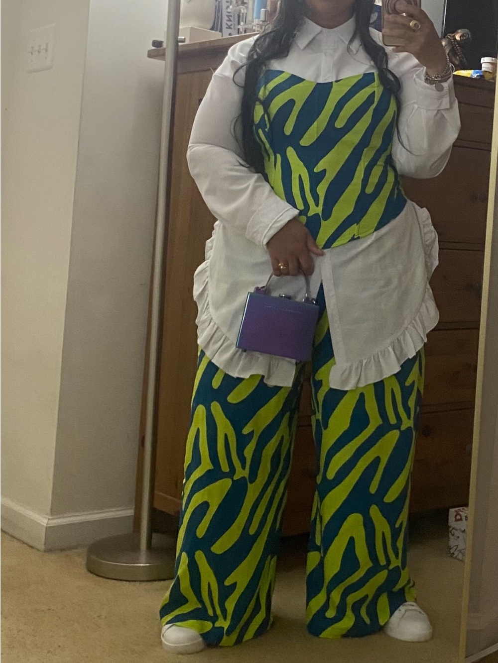 D'IYANU Plus Size 2X abstract print Pants and Corset — Blue & Neon Yellow